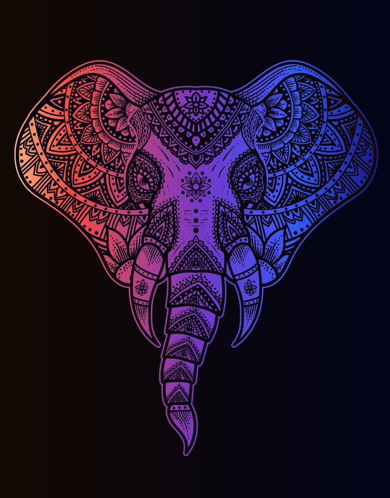 illustration elephant mandala style with neon color vector