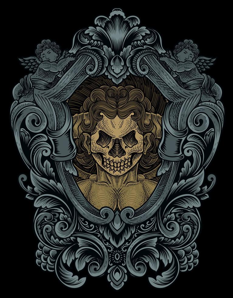 illustration demonic angel skull with engraving ornament frame vector