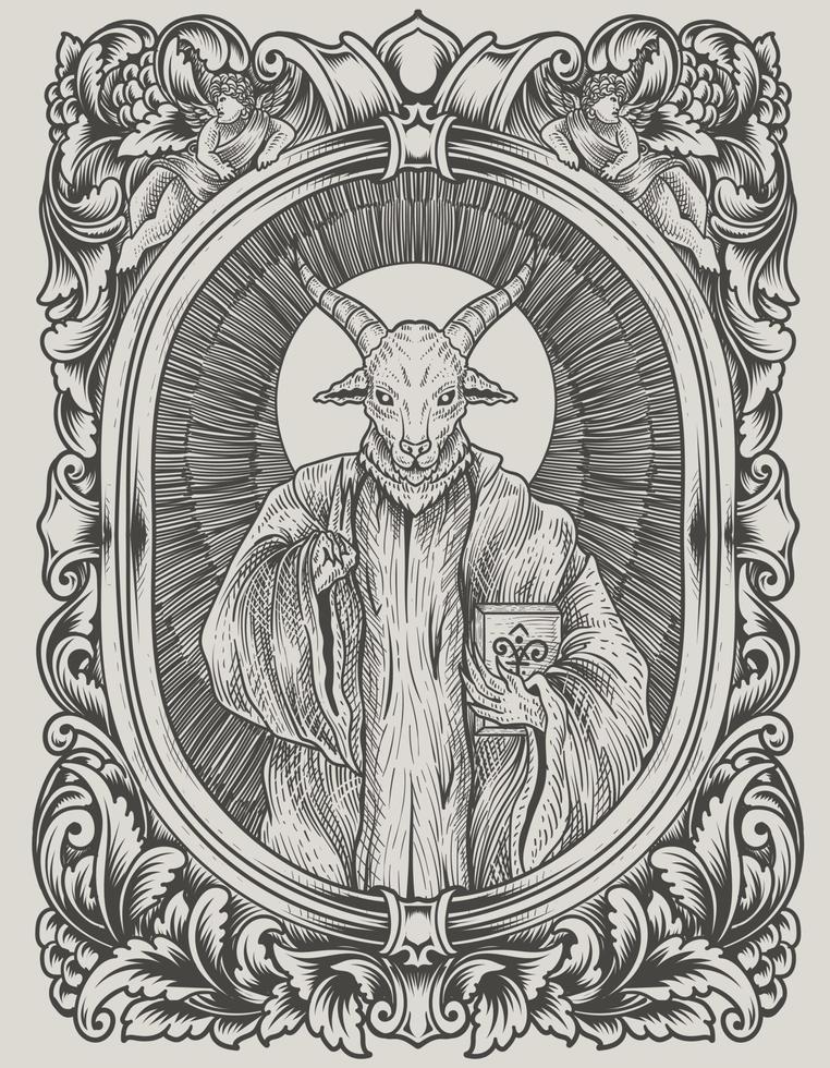 illustration scary baphomet on engraving ornament vector