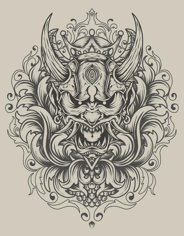 illustration  oni mask with snake and engraving ornament vector