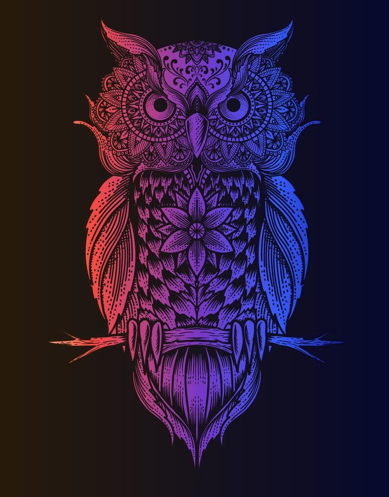 Ilustración estilo mandala pájaro búho con color neón vector