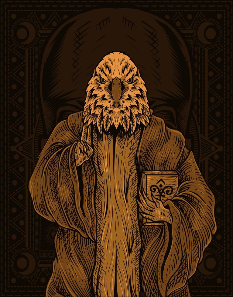illustration eagle satan with engraving style vector