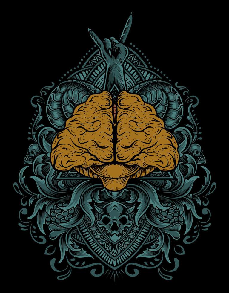 illustration antique brain with engraving style vector