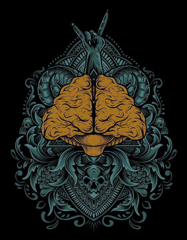 Ilustración cerebro antiguo con estilo de grabado vector