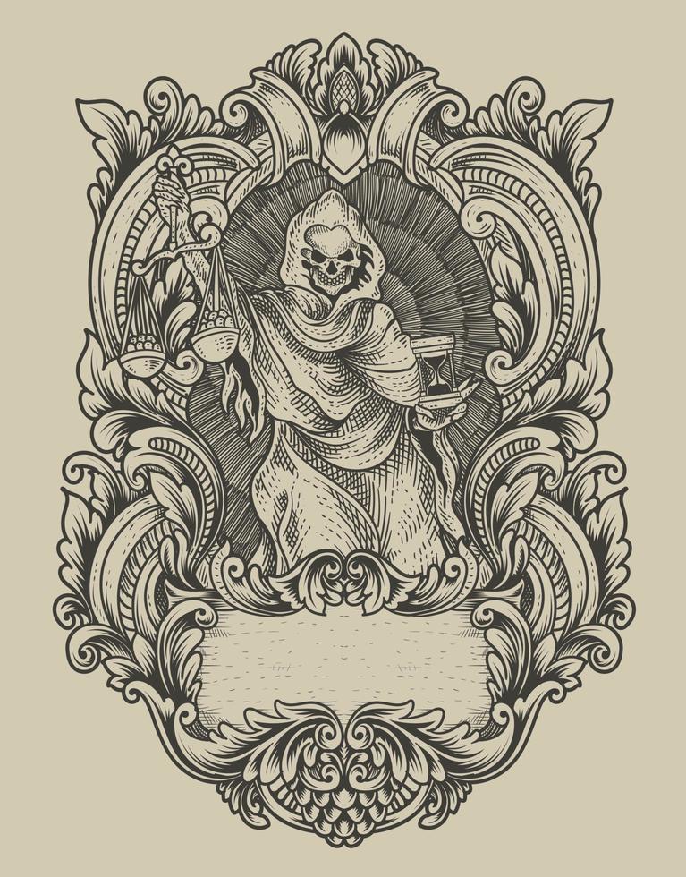 ilustración, justicia, muerte, ángel, con, vendimia, grabado, ornamento vector