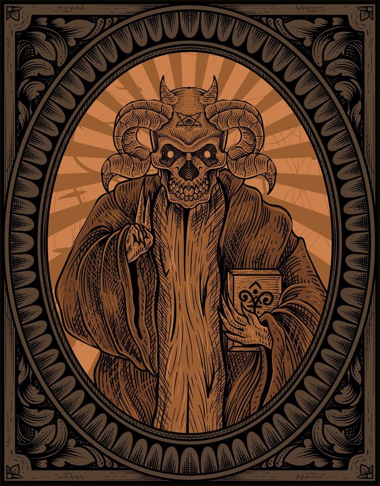 illustration demon with engraving frame vector