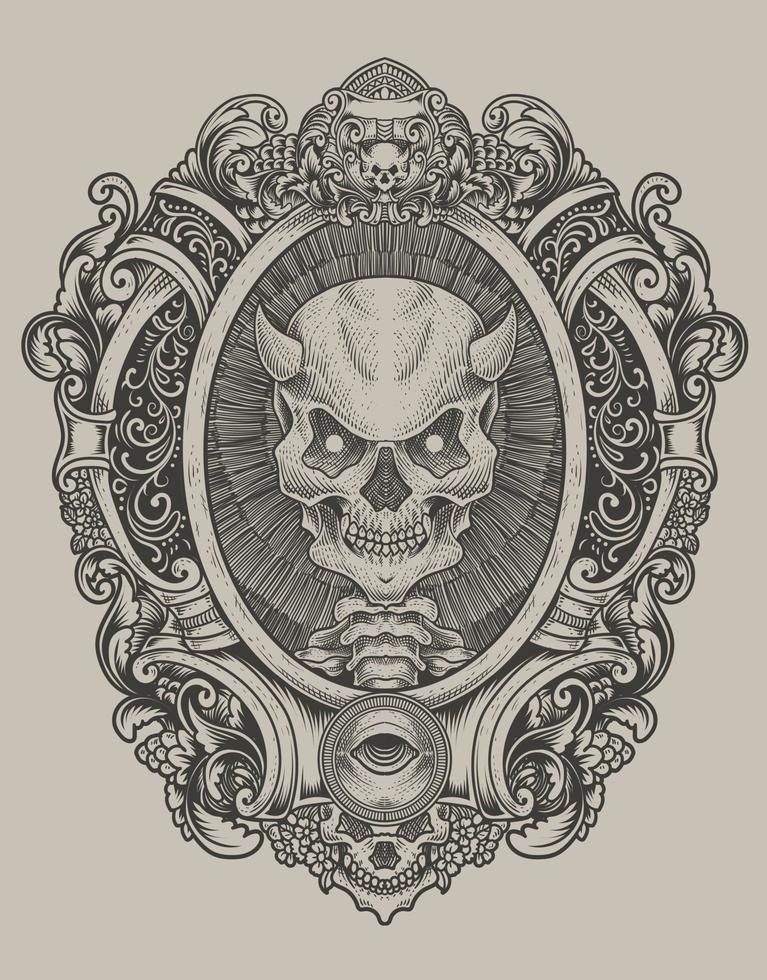 illustration demon skull with engraving ornament style vector