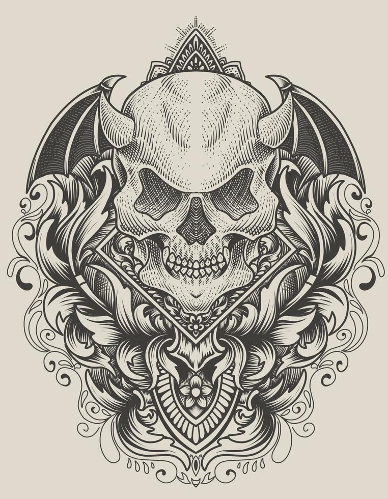 illustration demon skull with engraving ornament style vector