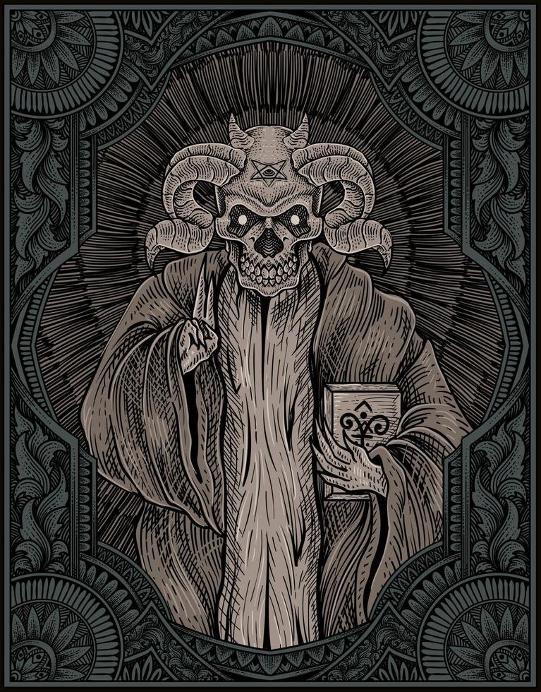 illustration demon with engraving frame vector