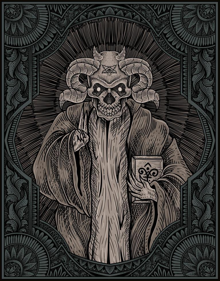 ilustración, demonio, con, grabado, marco vector