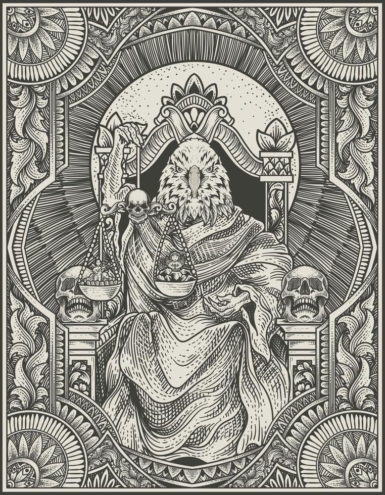 illustration king eagle satan on gothic engraving ornament style vector