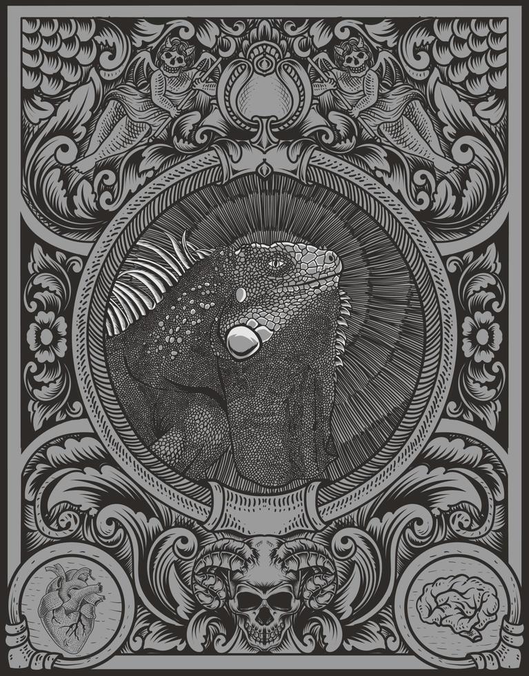 Ilustración iguana vintage con marco de adorno grabado vector