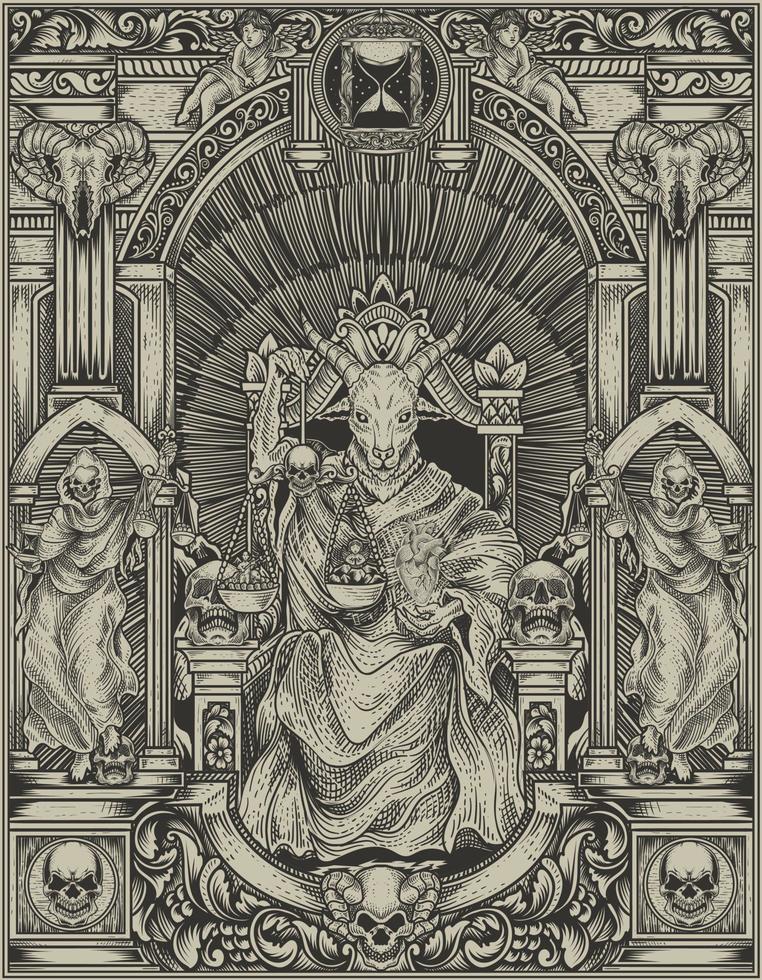 illustration king satan on gothic engraving ornament style vector