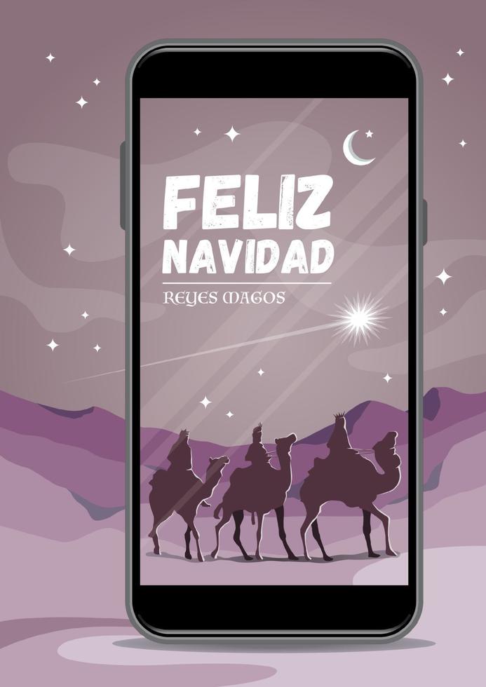 Tres reyes montando, camello en teléfono móvil. vector