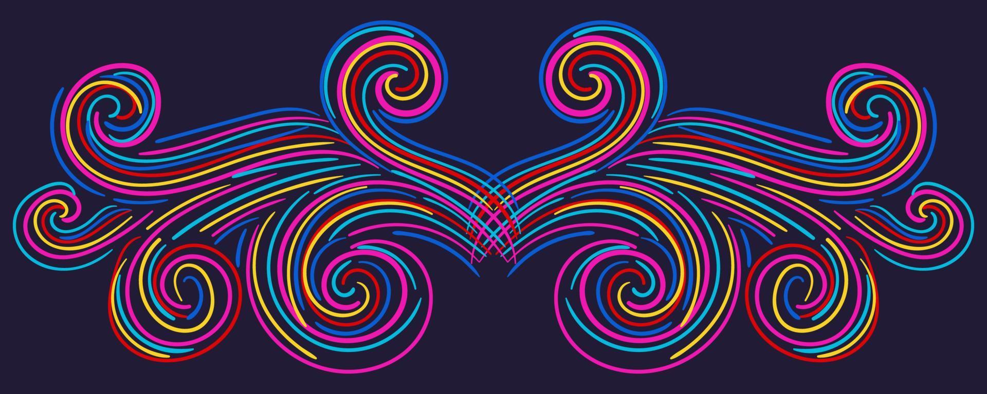 Colorful abstract curly element for design, swirl, curl. Divider, frame isolated on dark background. vector