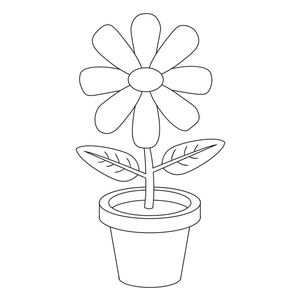 Thin line cartoon flower in pot isolated on white background. Coloring book page. vector