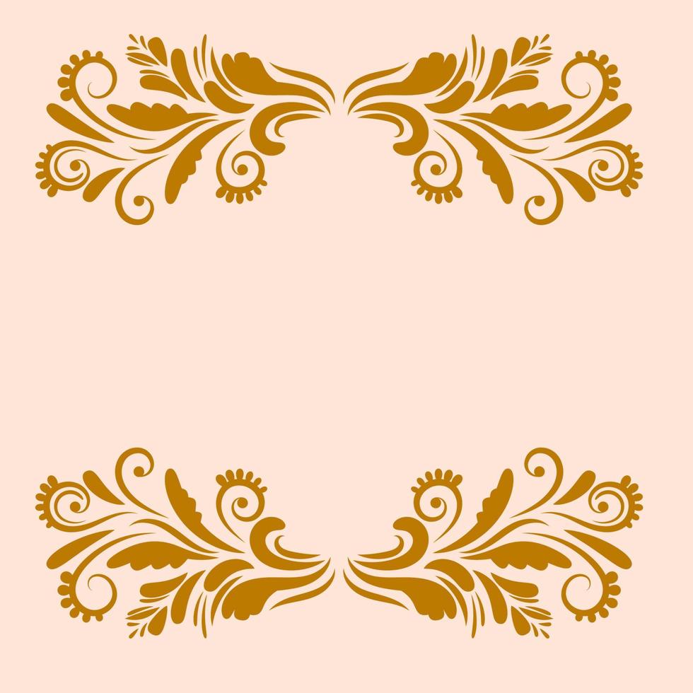 Gold ornamental greeting, congrats card with curly floral borders isolated on pink background. vector