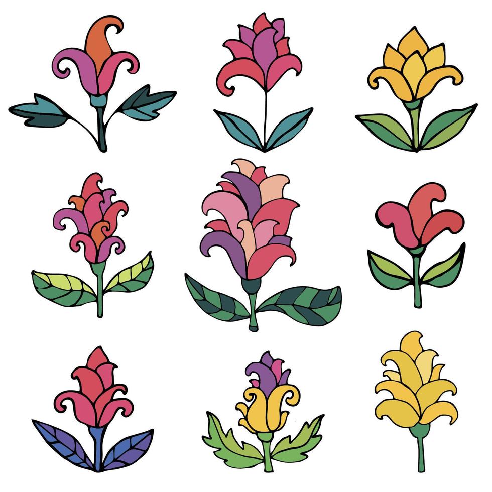 Colorful fantasy flowers set. Set of thin line doodle floral elements isolated on white background. vector