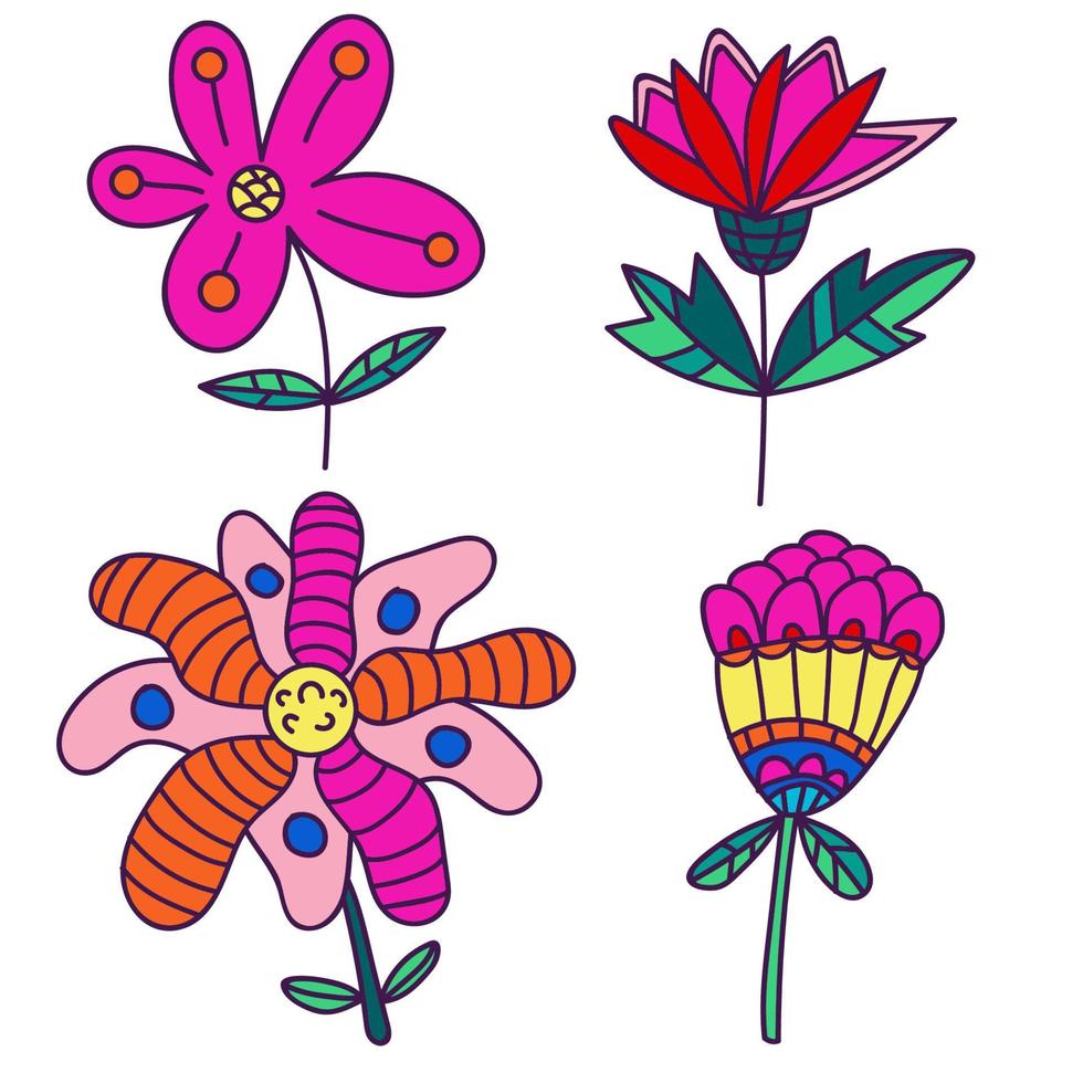 conjunto de flores de fantasía de dibujos animados. Doodle elementos florales aislados sobre fondo blanco. vector