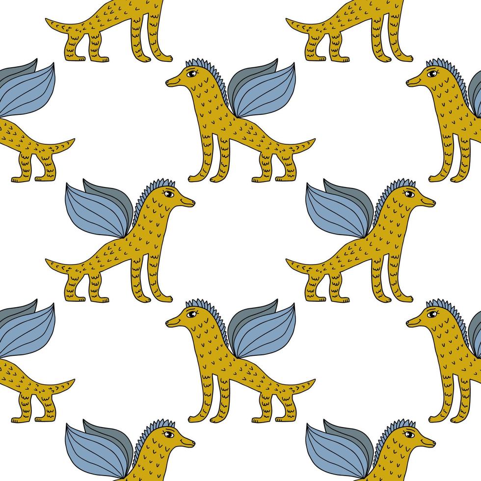 Cartoon fantasy alien animal seamless pattern. Doodle happy monster background. vector