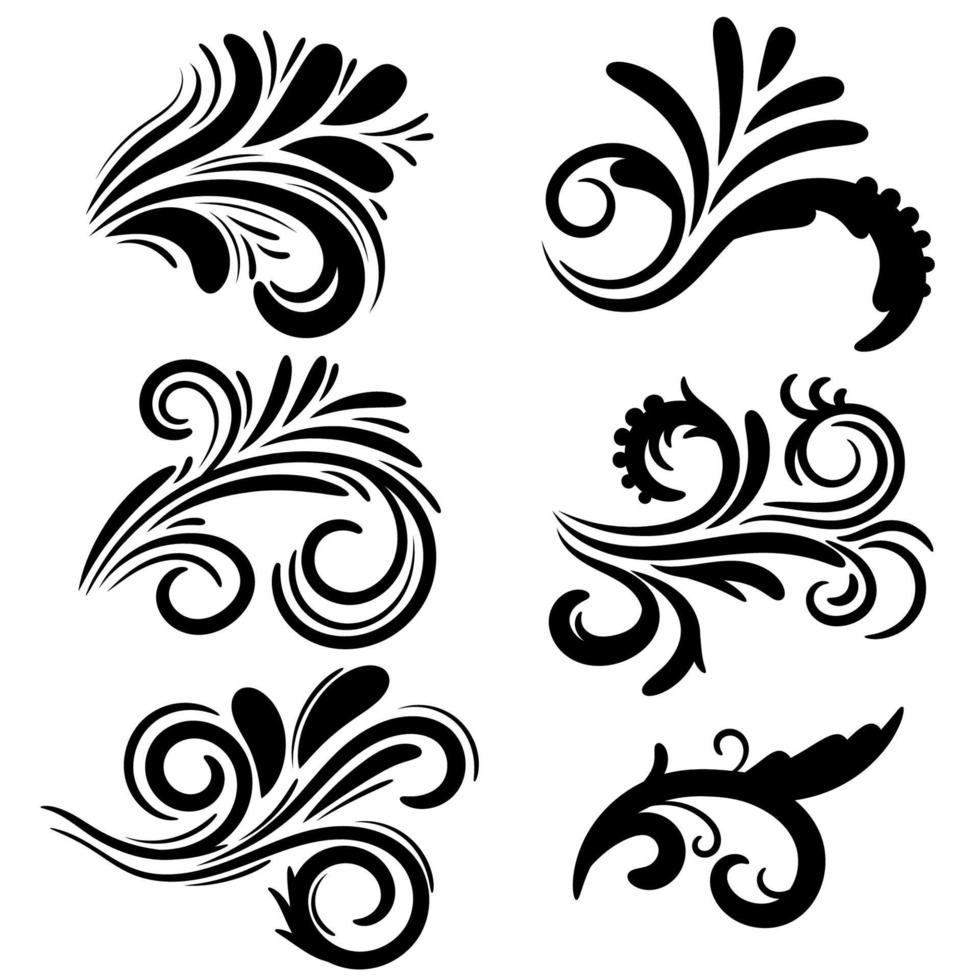 Conjunto de elementos de diseño rizado negro abstracto aislado sobre fondo blanco. divisores. remolinos. vector