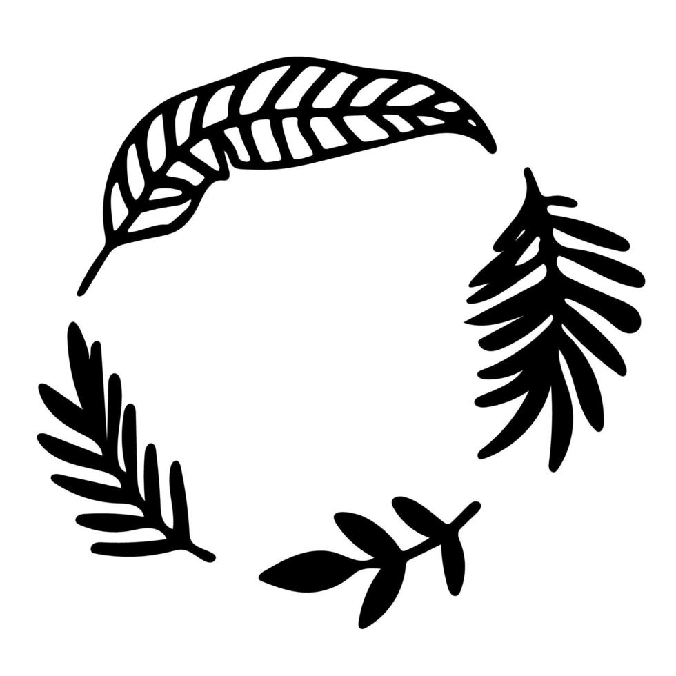 Hand drawn thin line wreath with palm, olive leaves and branches. vector