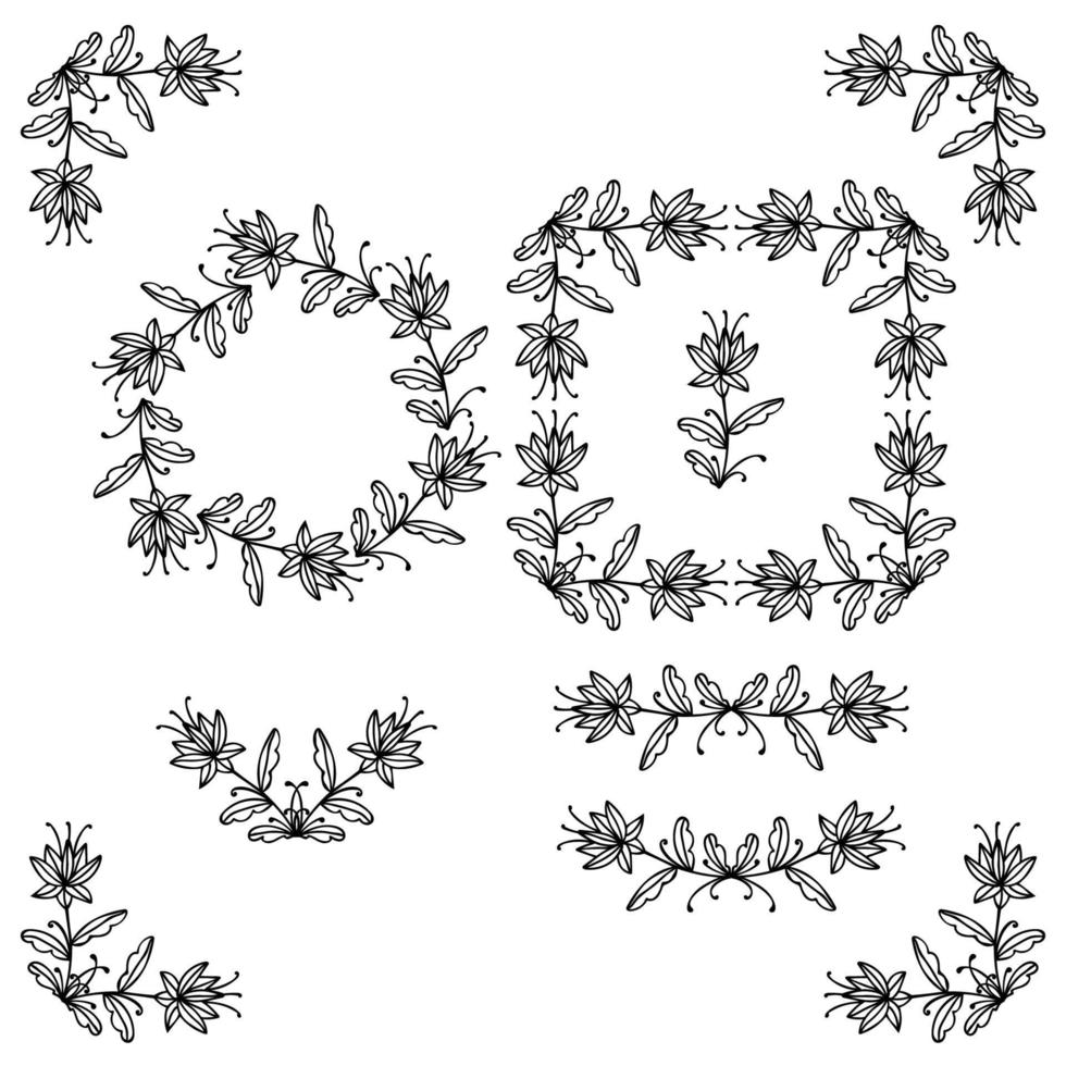 Set of black thin line doodle floral elements with flowers branches and leaves isolated on white background. vector