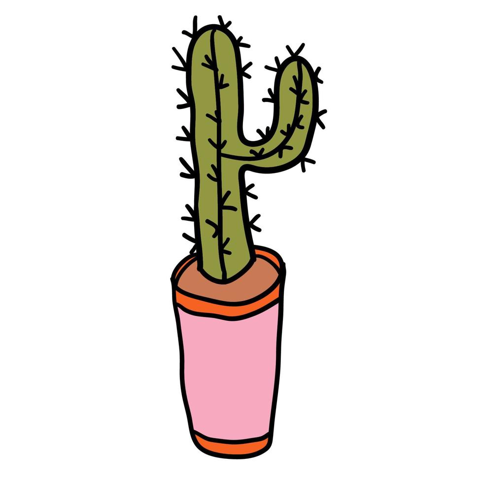 Cartoon doodle cactus in the pot isolated on white background. Cute cartoon floral element. vector