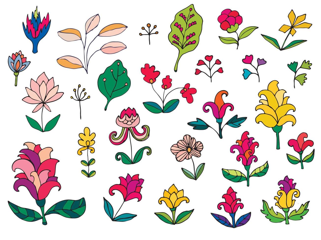 Colorful fantasy flowers set. Set of thin line doodle floral elements isolated on white background. vector