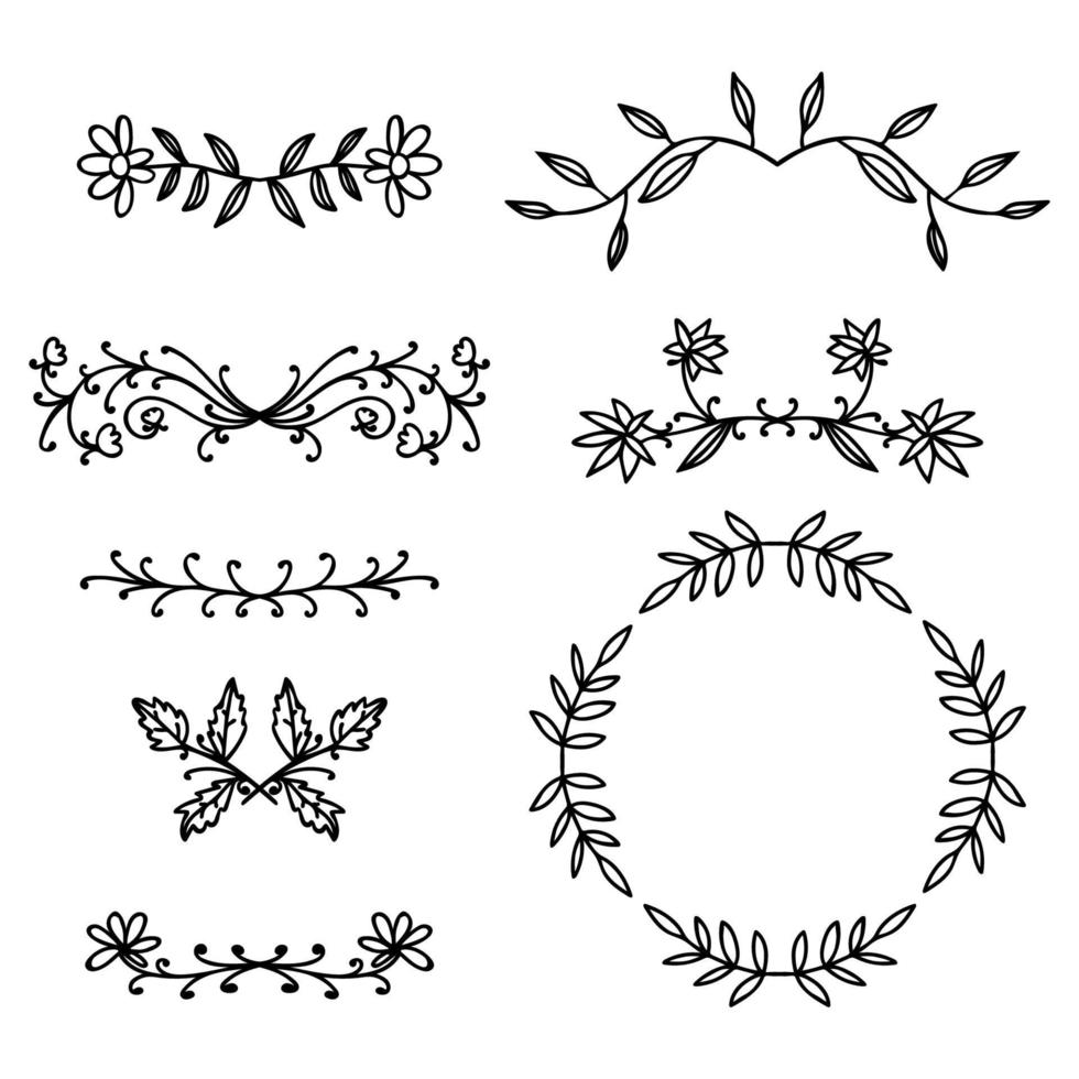 Conjunto de elementos florales de doodle de línea fina negra con ramas y hojas aisladas sobre fondo blanco. vector