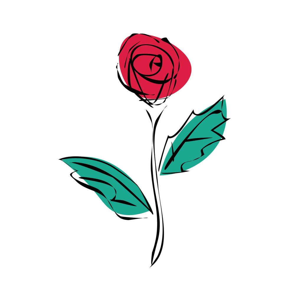 Sketch red rose flower of black outlines isolated on white background. vector