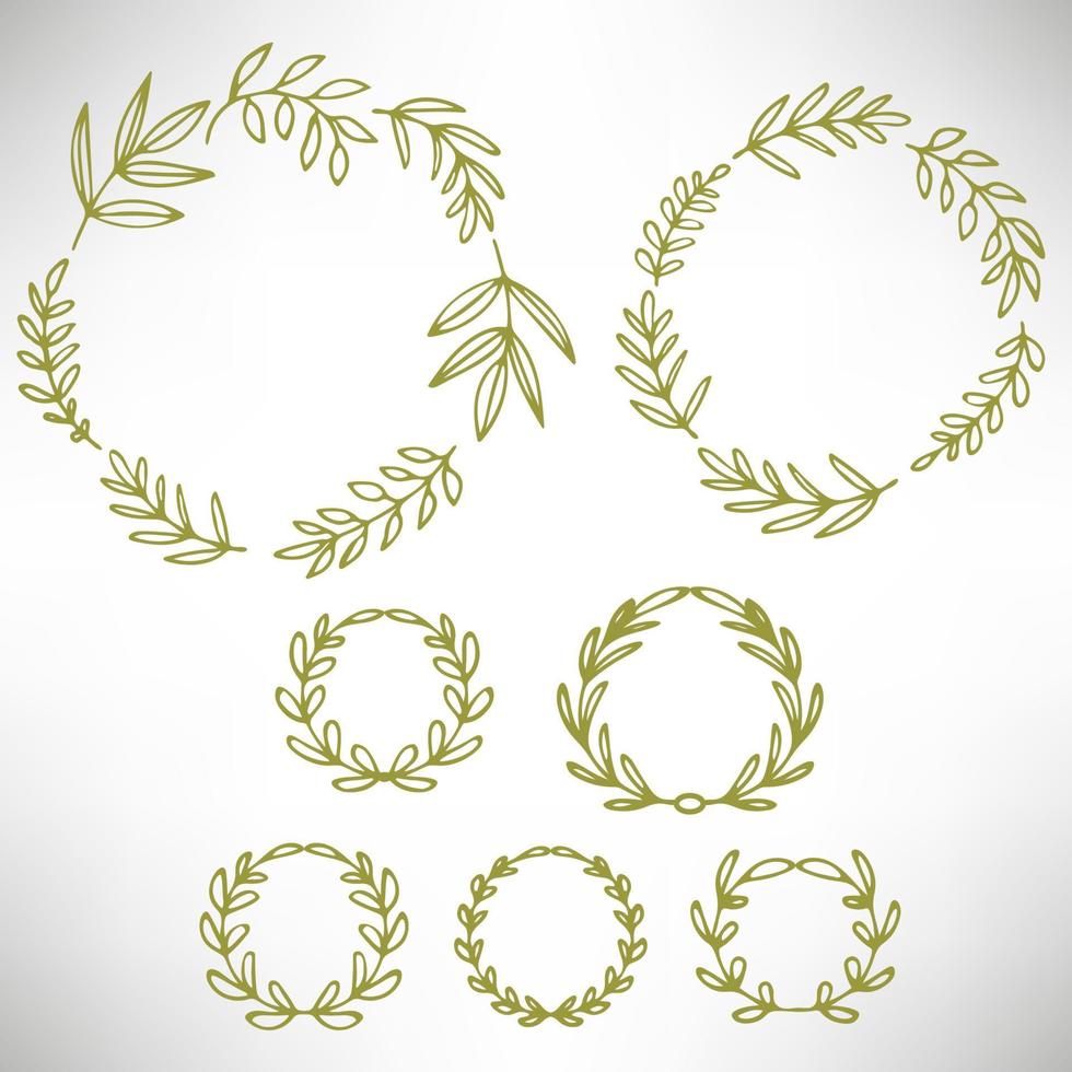 Set of hand drawn wreaths. Cute collection of floral design elements. Doodle branches. Round frame with plants and leaves isolated on white background. vector