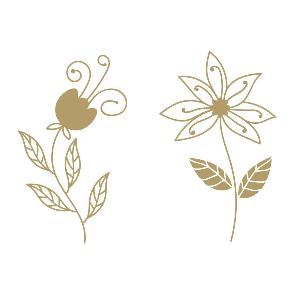 Set of gold curly floral elements, paradise abstract flower element. Design doodle collection. vector