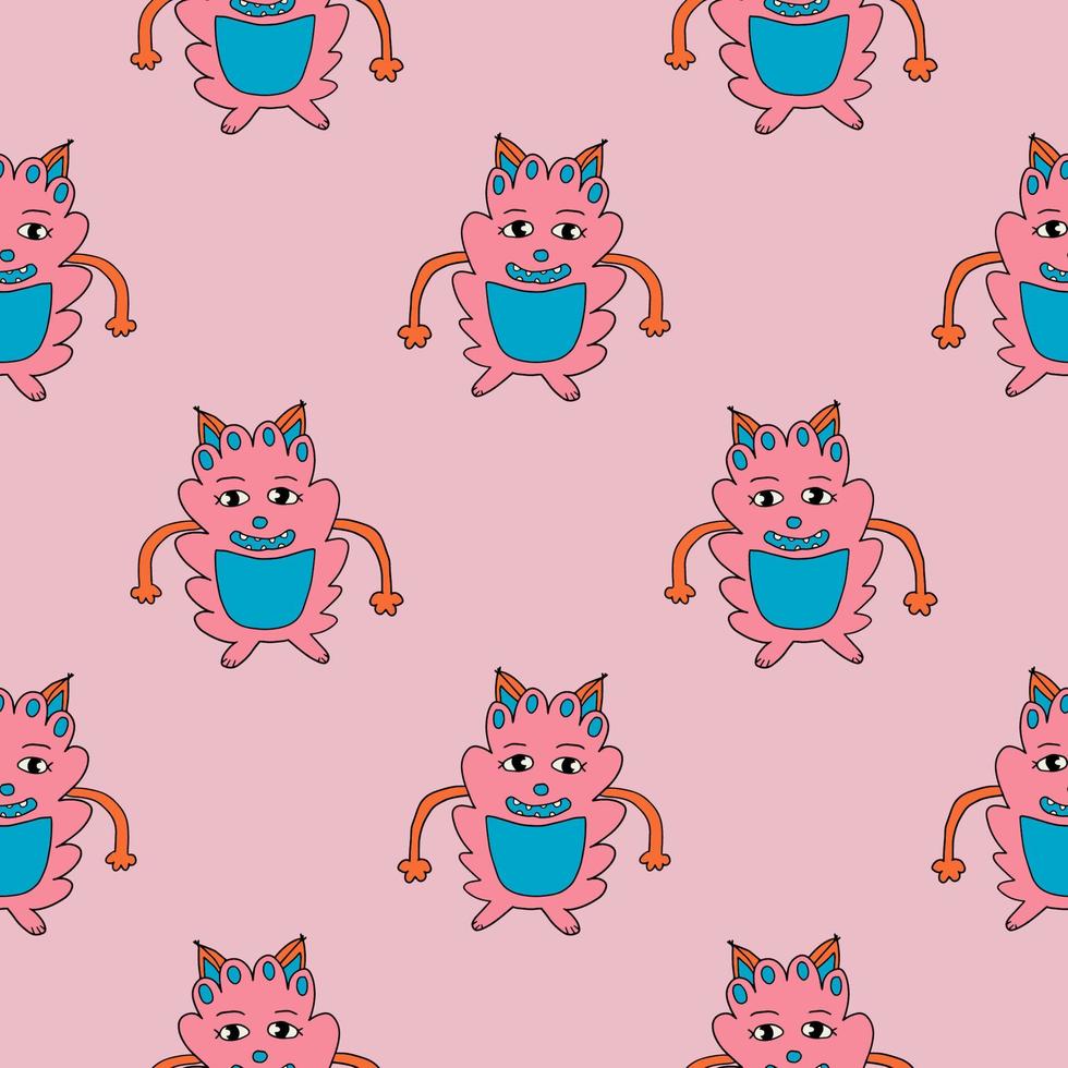 Cartoon fantasy alien animal seamless pattern. Doodle happy monster background. vector