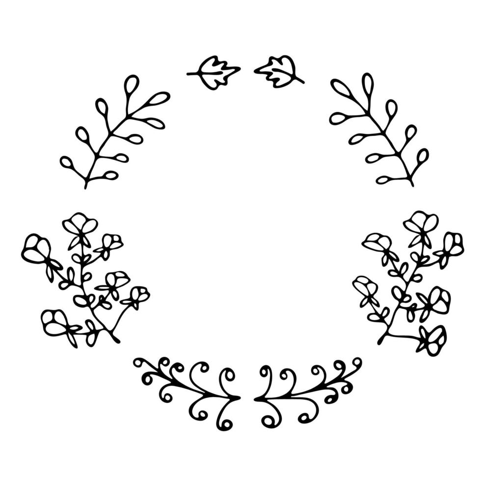 Hand drawn thin line wreath with leaves and branches. vector