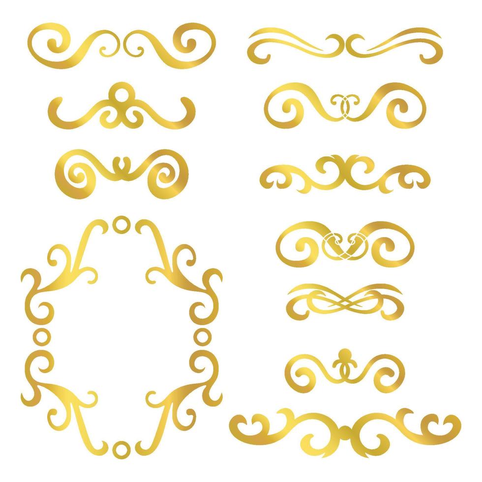 conjunto de encabezados rizados abstractos de oro, conjunto de elementos de diseño aislado sobre fondo blanco. remolinos dorados dibujados a mano. marco redondo floral, corona, separadores, formas caligráficas. vector