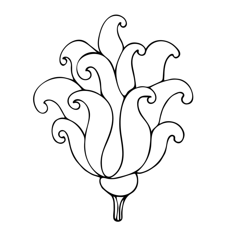 Flor de fantasía de contorno con pétalos rizados para libro de colorear para adultos aislado sobre fondo blanco. vector