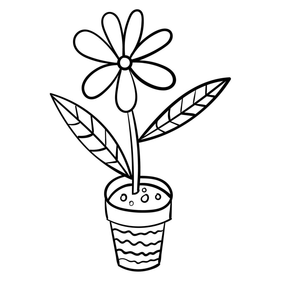 Flor de doodle de dibujos animados con hojas en maceta aislado sobre fondo blanco. vector