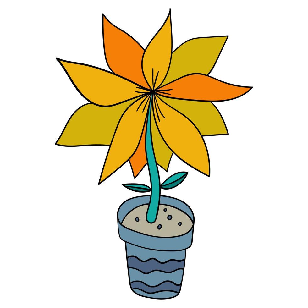 Cartoon doodle flower with leaves in pot isolated on white background. vector