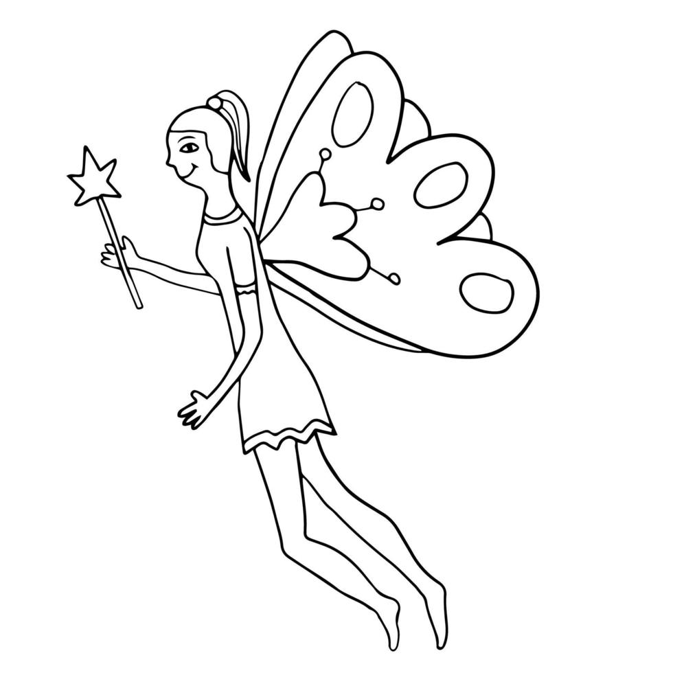 Happy fantasy doodle fairy flying with magic wand. vector