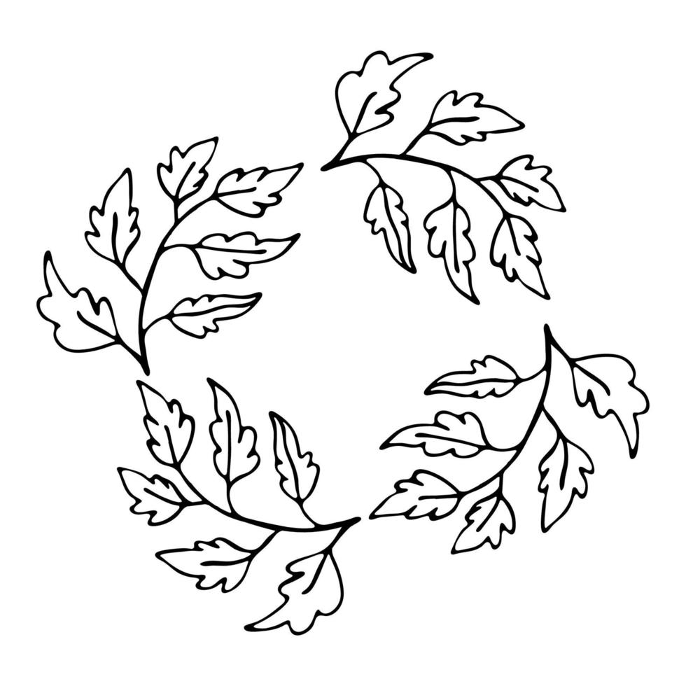 Hand drawn thin line wreath with leaves and branches. vector