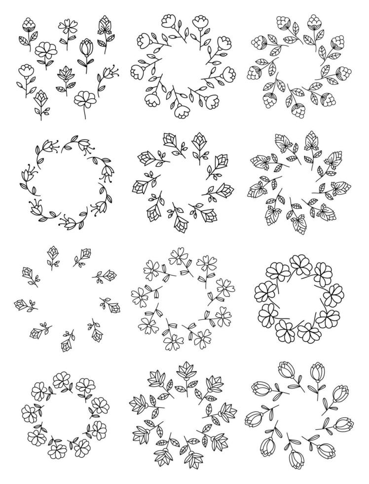 Set of floral elements. Flower wreath. Floral round frame isolated on white background. vector