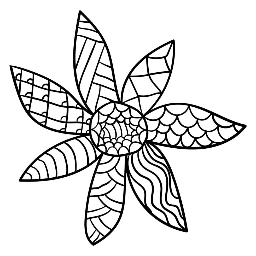 elemento redondo floral del doodle de la delgada línea negra, flor aislada en el fondo blanco. vector