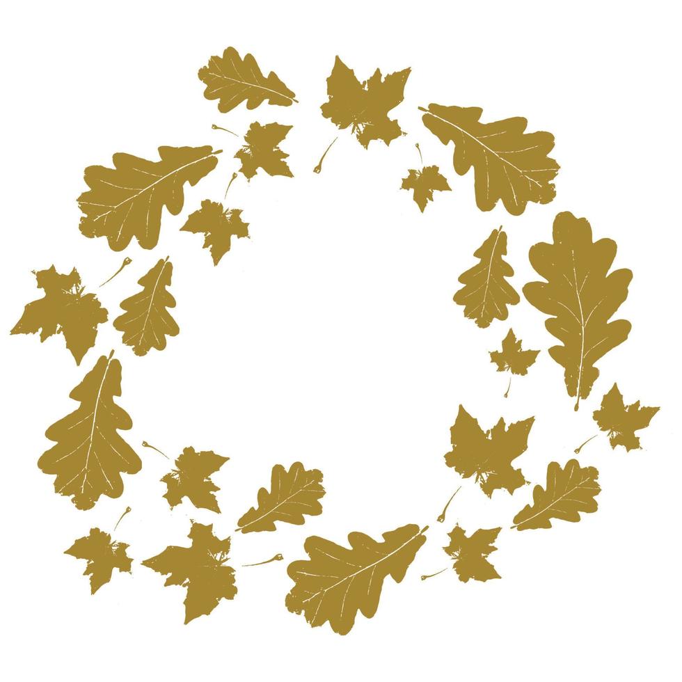 Floral round autumn frame with gold maple and oak leaves isolated on white. vector