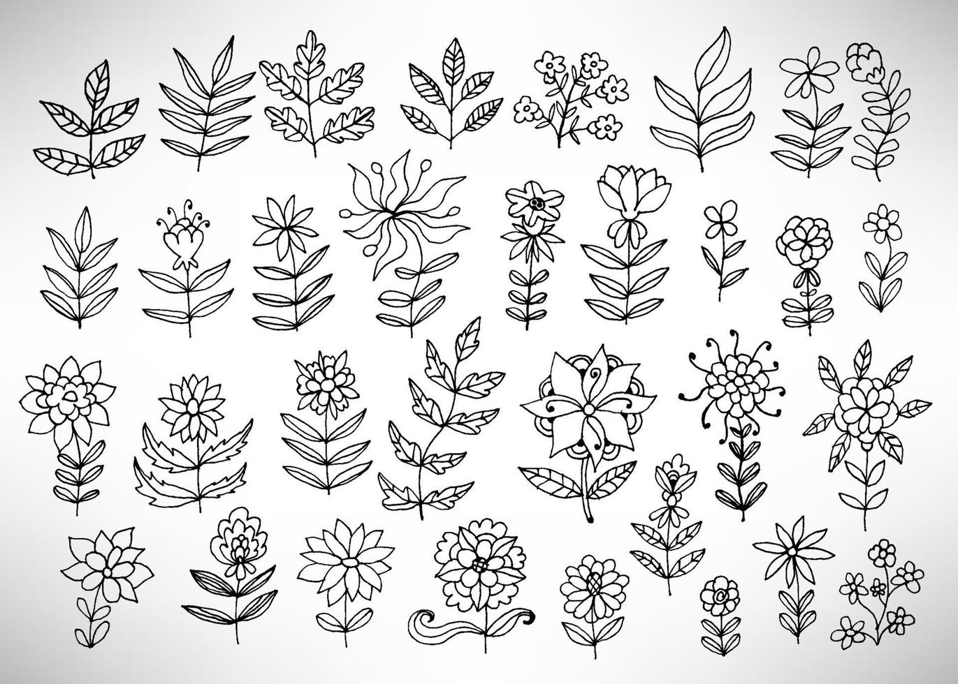 Big set of hand drawn thin line black grungy  doodle floral icons, branches, plants, petals, fantasy flowers. Design element collection isolated on white. vector