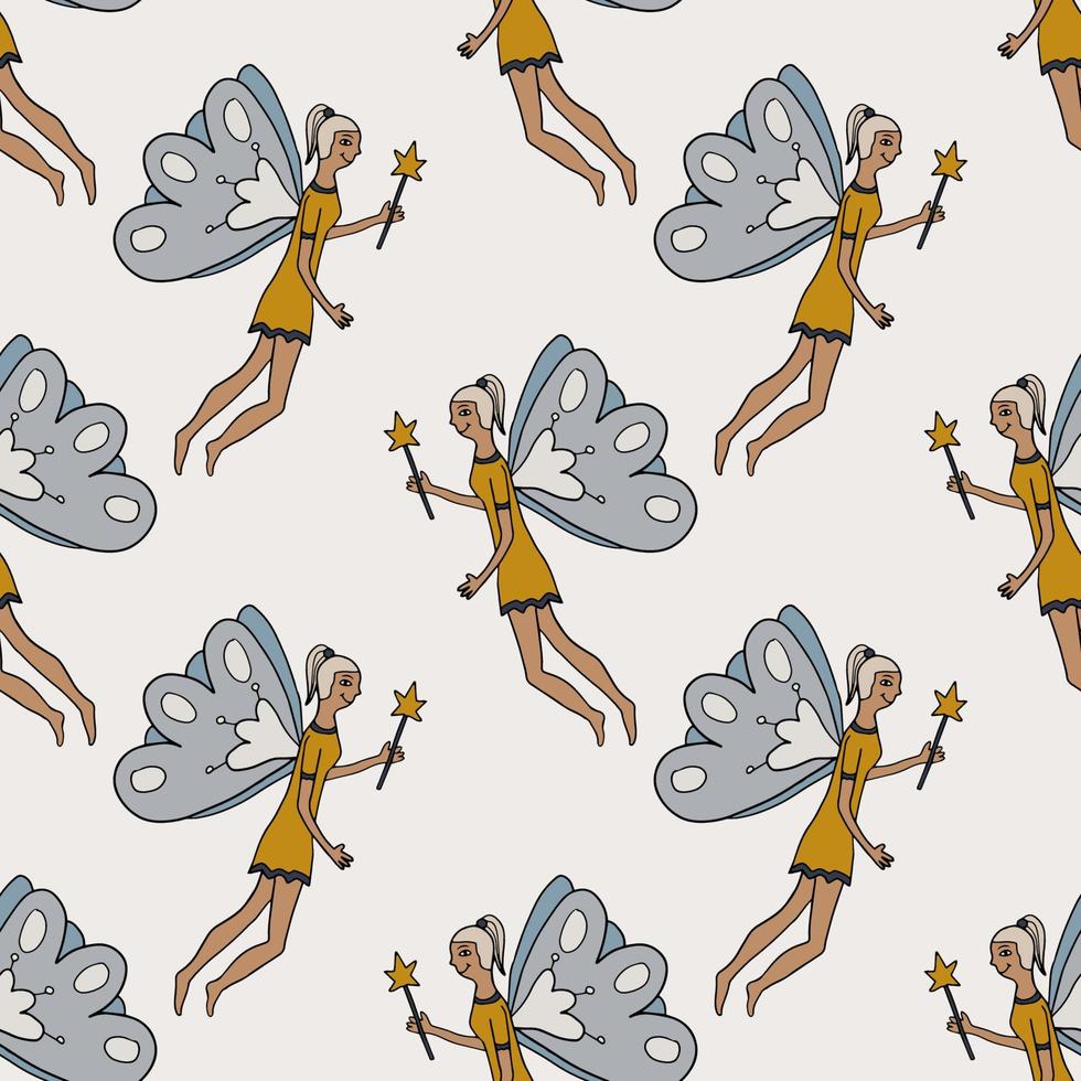 Happy fantasy doodle fairy flying with magic wand seamless pattern. vector