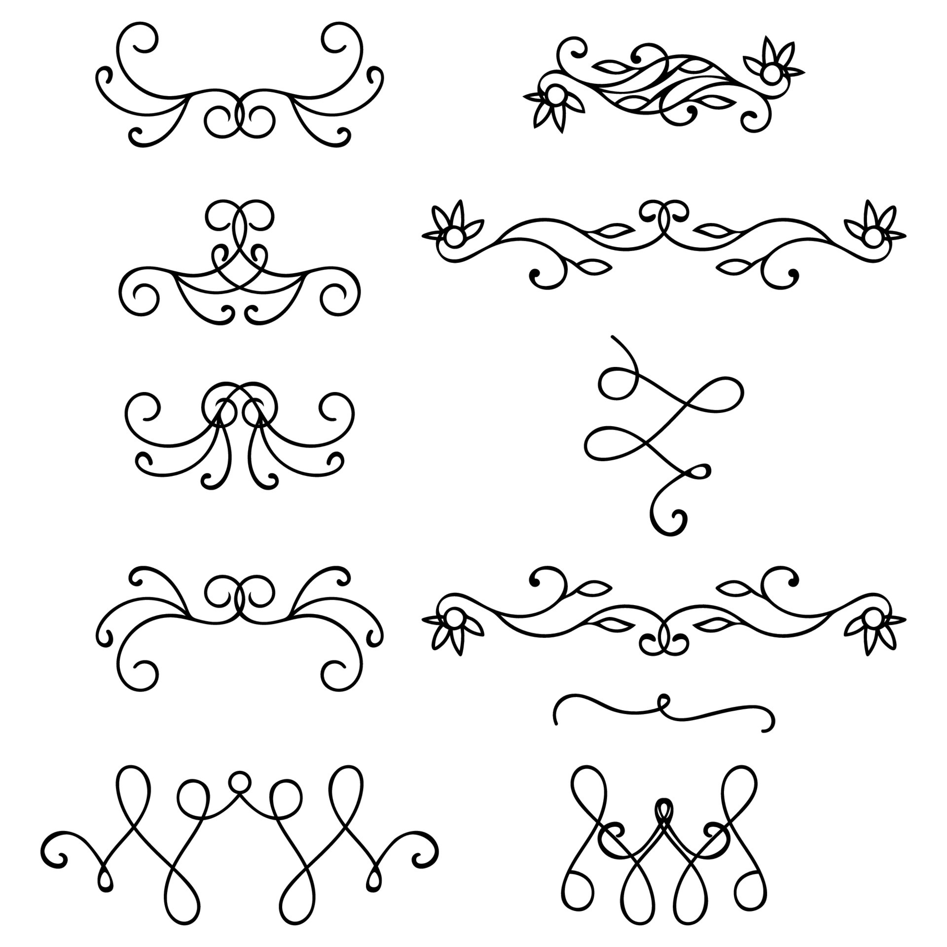 Set of black abstract curly headers, design element set isolated on white background. Hand drawn