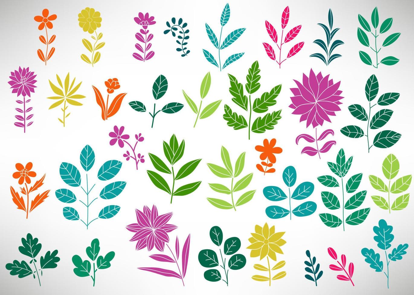 Floral Set of colorful doodle elements, tree branch, bush, plant, leaves, flowers, branches petals isolated on white. Collection of flourish elements for design. vector