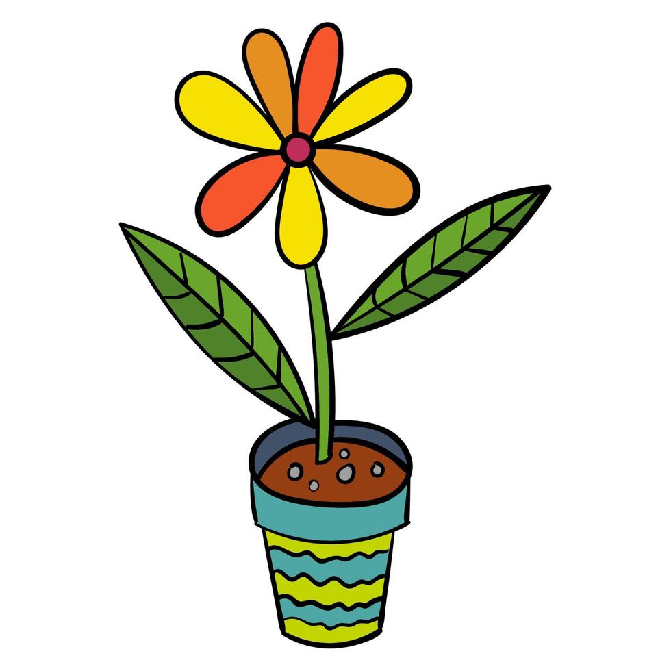 Cartoon doodle flower with leaves in pot isolated on white background. vector