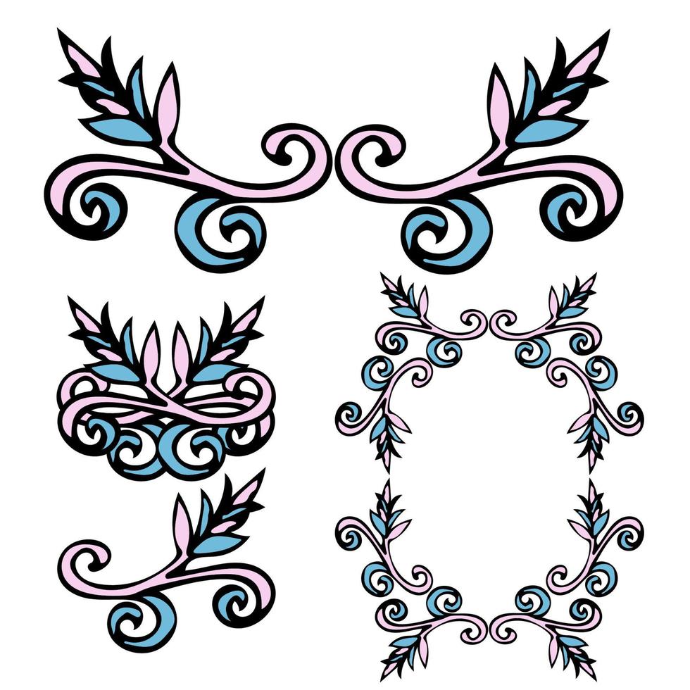 conjunto de elementos de diseño floral doodle rizado dibujado a mano con orejas, césped de campo, ramas y hojas aisladas. marco. frontera. divisor. vector